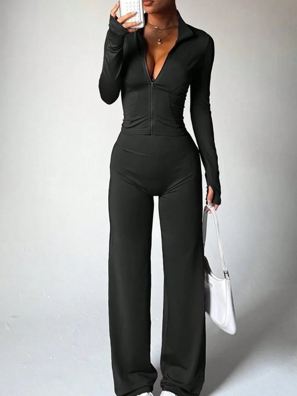 Black Casual Women's Long Sleeve Top + Loose Wide Leg Pants Yoga Outfit Sports
